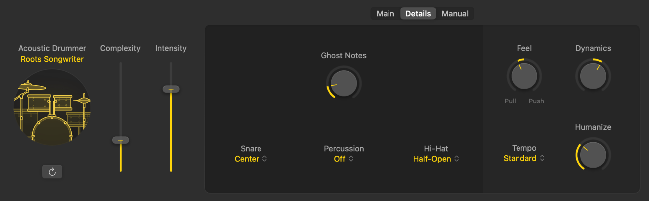 Figure. The Session Player Editor showing the Details view of the acoustic Drummer.