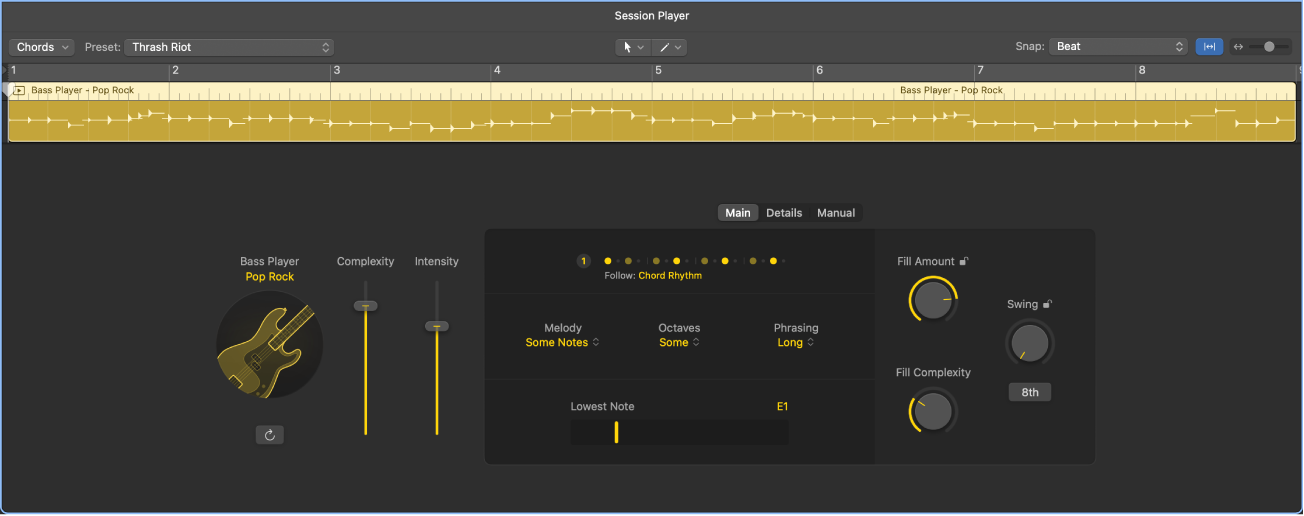 Figure. The Session Player Editor with the Bass Player.