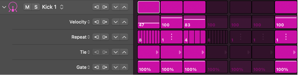 Step Sequencer row and subrows, each with a different edit mode.