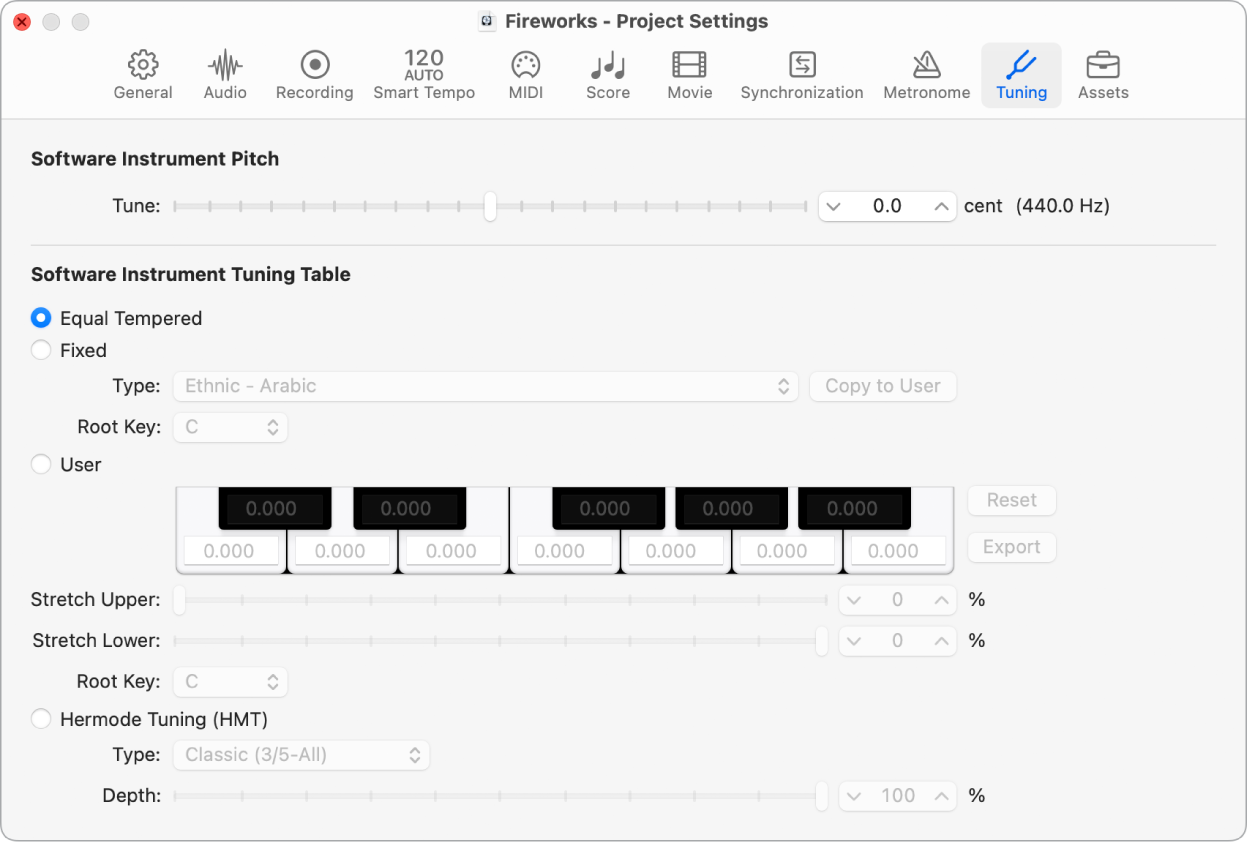 Figure. Tuning project settings.