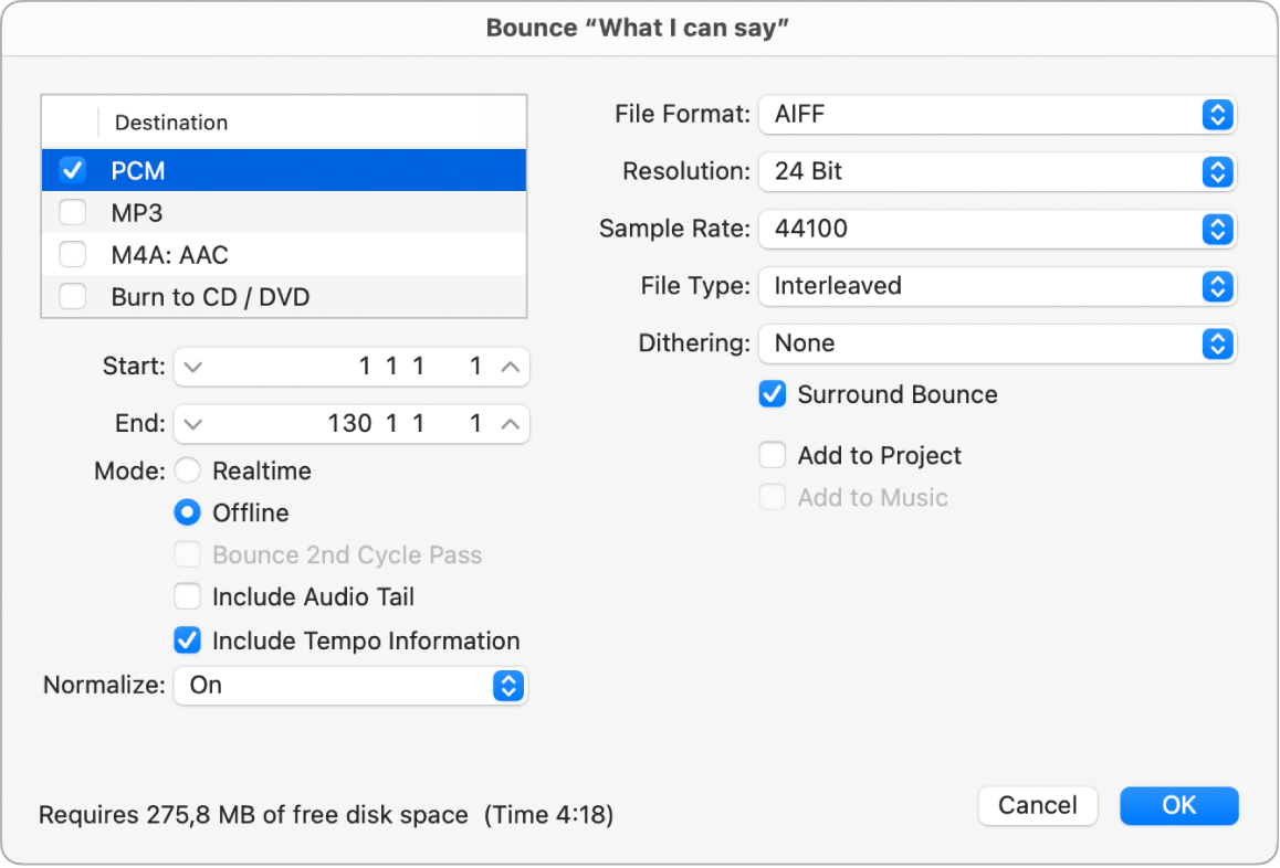 Figure. PCM options in the Bounce window.