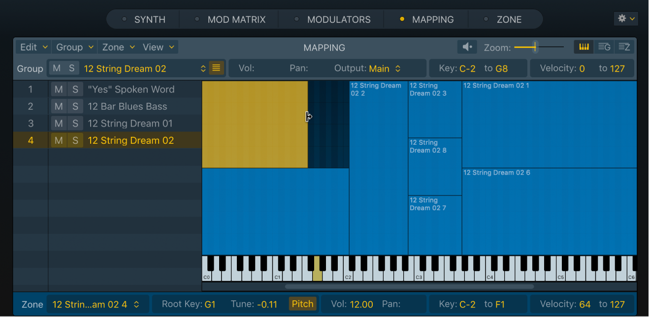 Figure. Key Mapping Editor with selected zone showing key range resize icon at the right hand side.