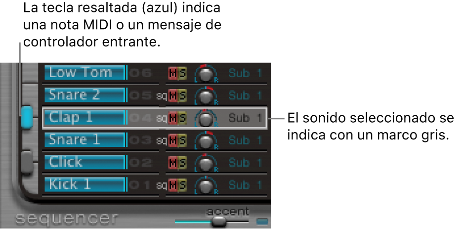 Ilustración. Sección de asignaciones, con un sonido seleccionado y un sonido accionado.