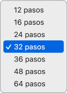 Menú desplegable “Duración del patrón” del secuenciador de pasos abierto, que muestra las opciones.