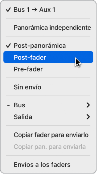 Ilustración. Se está seleccionando una opción de flujo de señal para el potenciómetro Envío.