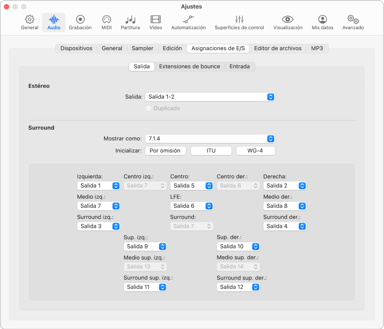 Ilustración. Panel “Asignaciones de E/S” en los ajustes de Audio.