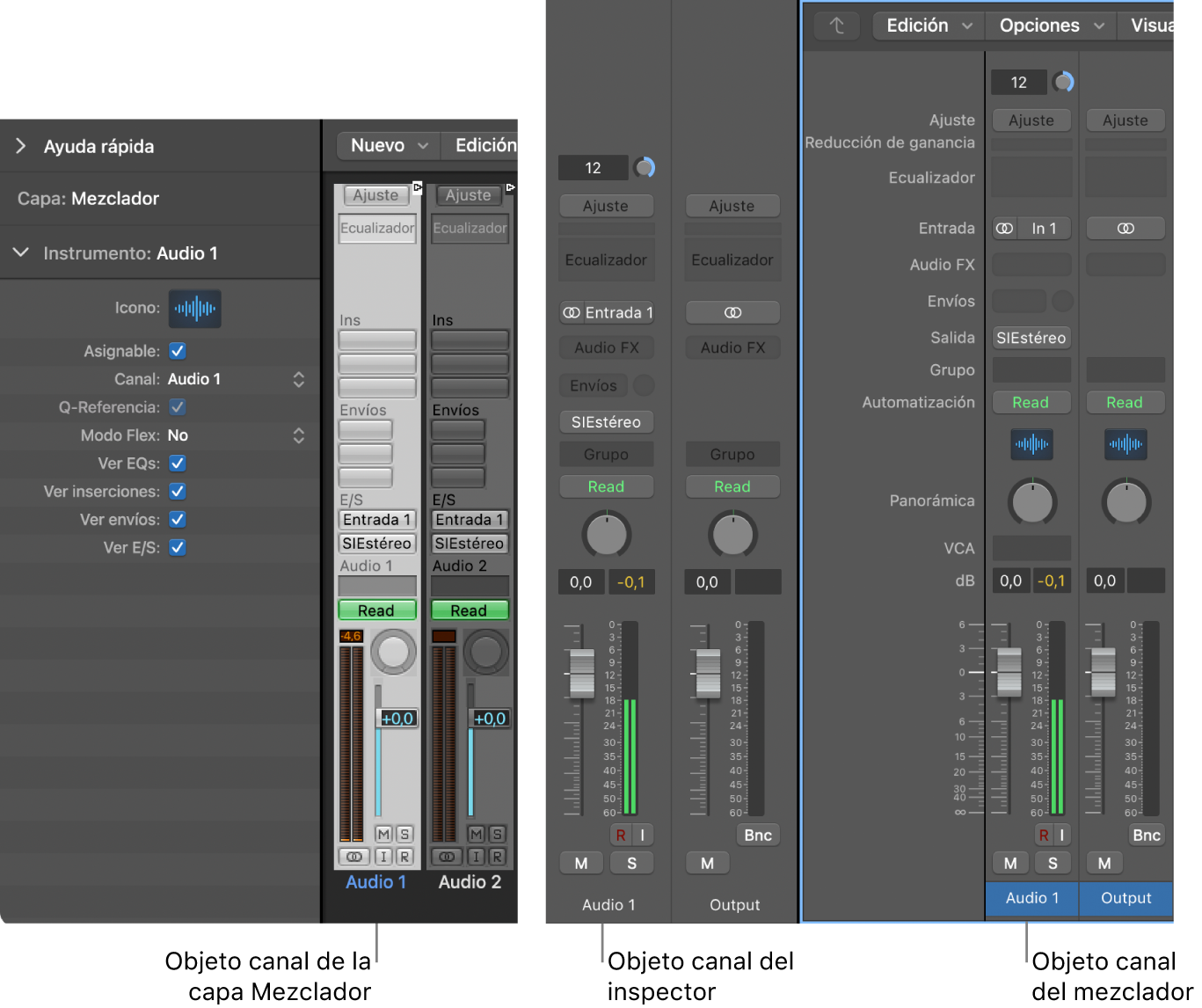 Ilustración. Se están mostrando objetos canal en la capa del mezclador del entorno y en el mezclador y el inspector de la ventana principal.