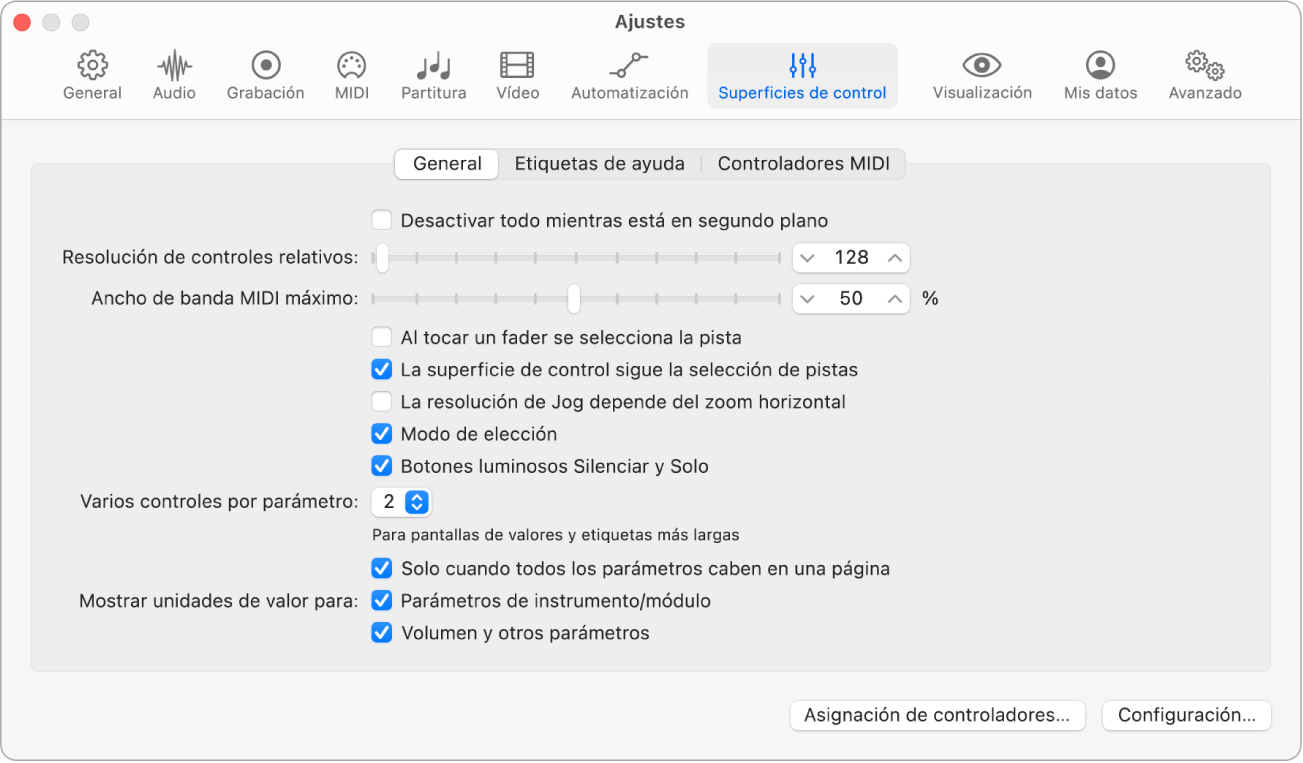 Ilustración. Ajustes generales de superficies de control.