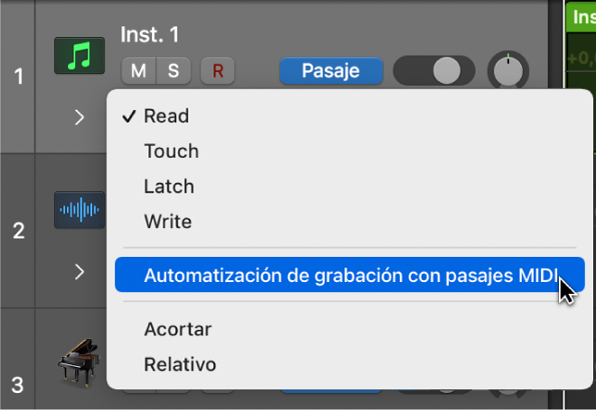 El elemento del menú “Automatización de grabación con pasajes MIDI” en el menú desplegable “Modo de automatización”.