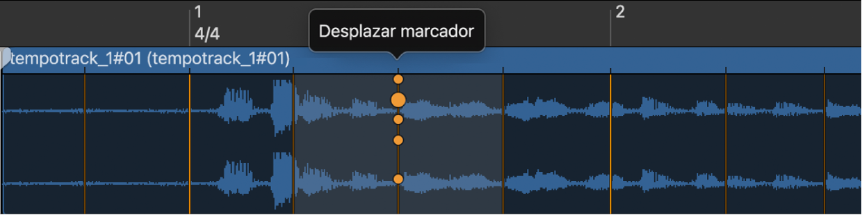 Ilustración. Editor de tempo inteligente con marcadores de tiempo y el tirador “Desplazar marcador” seleccionado.