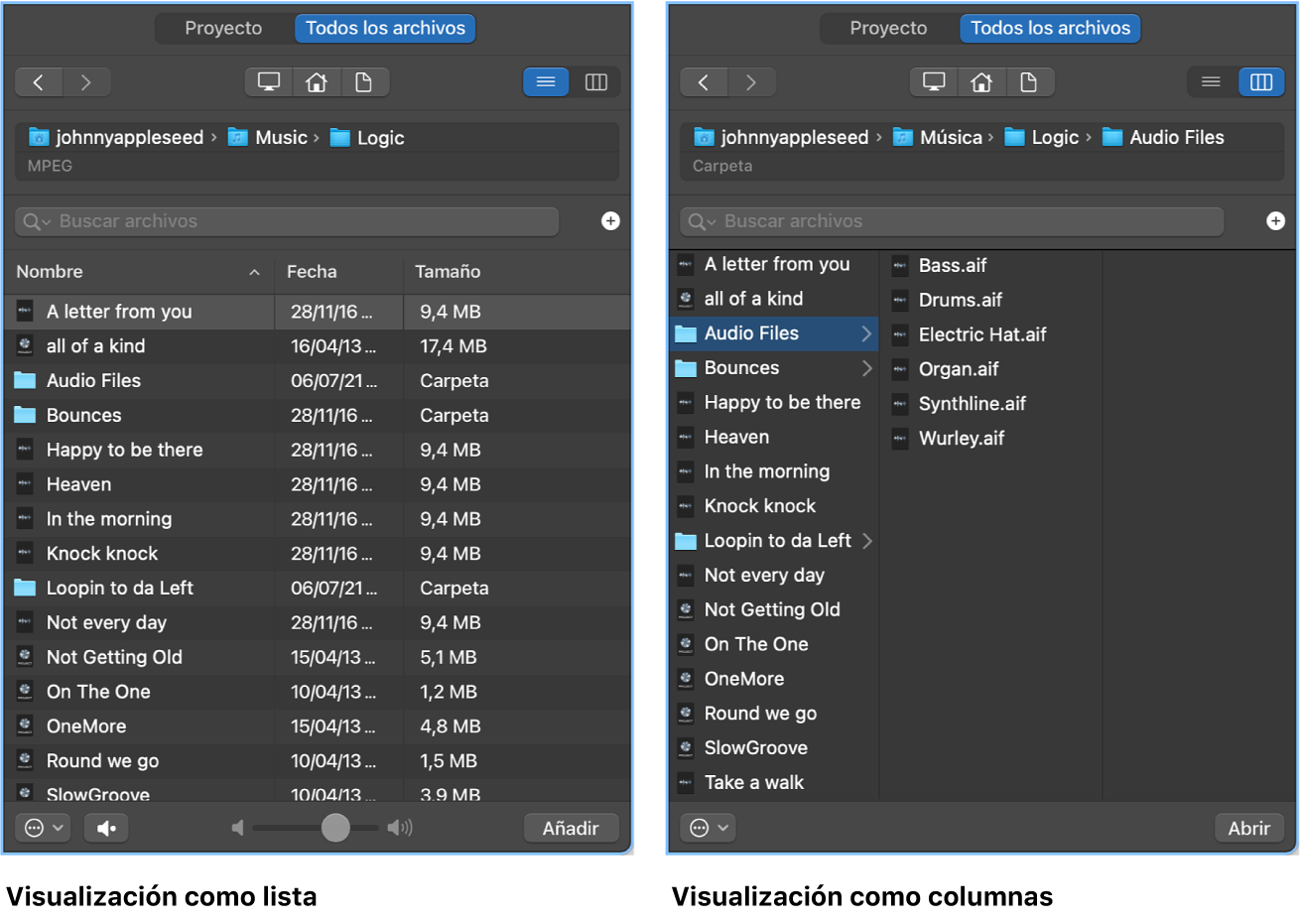 Ilustración. Visualización como lista y visualización como columnas en el explorador de todos los archivos.