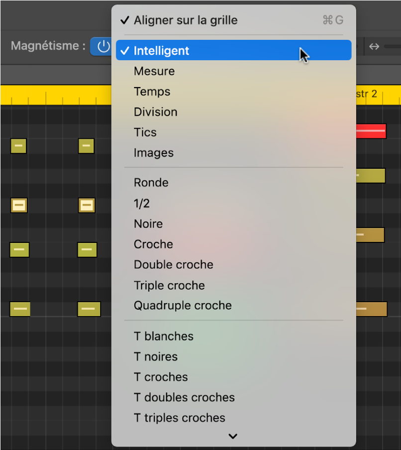 Figure. Menu local Alignement dans la barre des menus de l’éditeur de partition défilante.