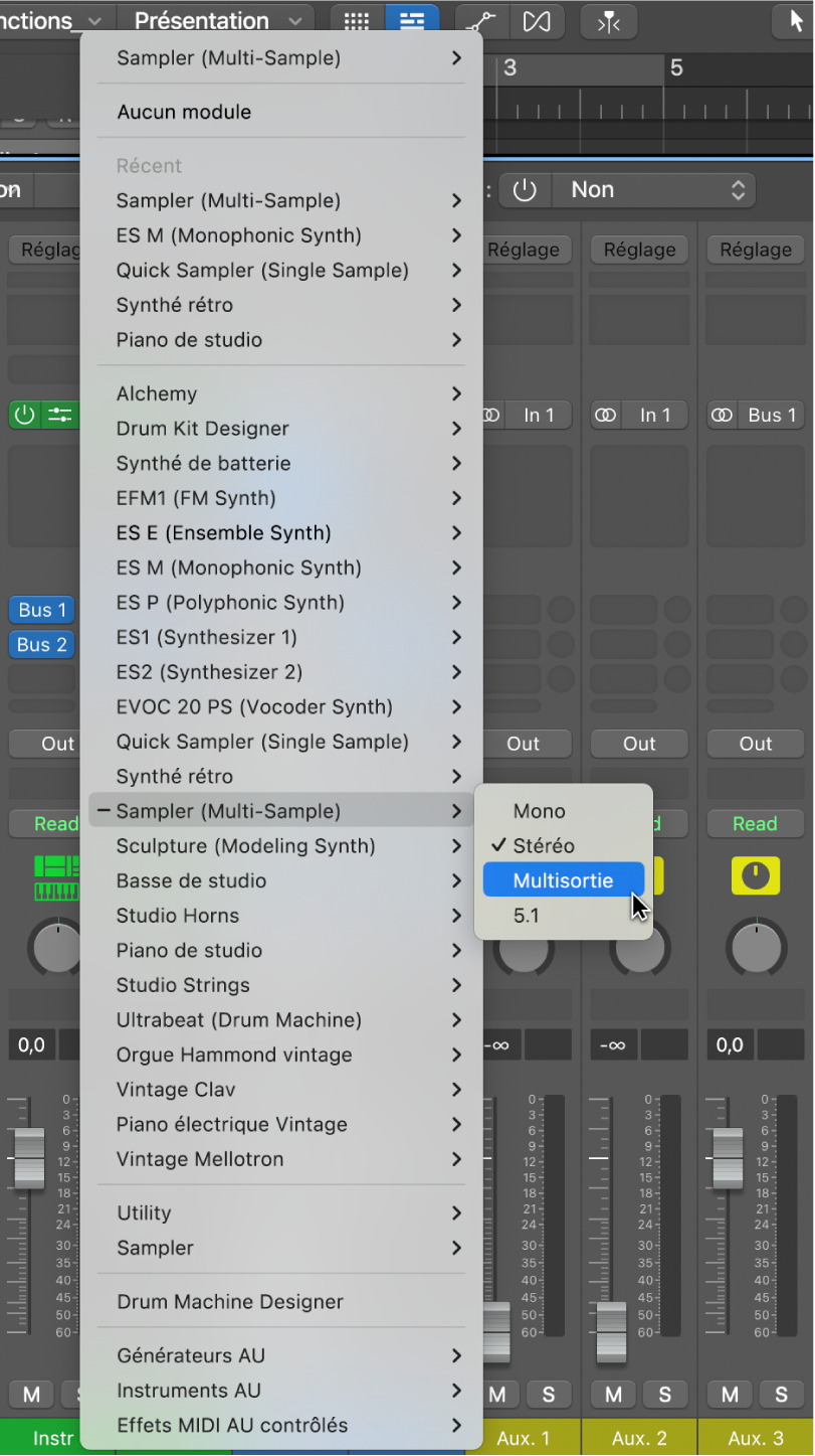 Figure. Menu local de slot d’instrument avec l’option Multisortie échantillonneur.