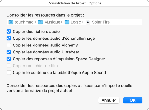 Figure. Zone de dialogue Consolidation de Projet