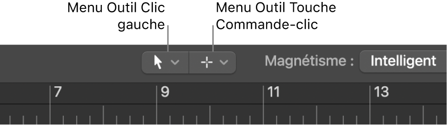 Figure. Menus « Outil Clic gauche » et « Outil Touche Commande-clic » dans la zone Arrangement.