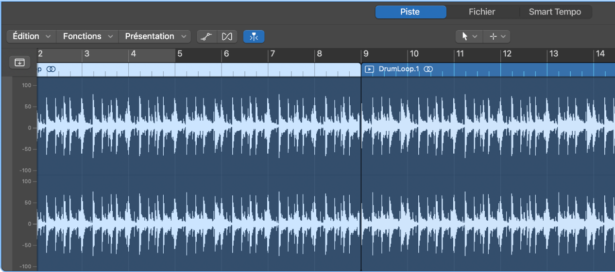 Figure. Éditeur de piste audio avec une région sélectionnée.