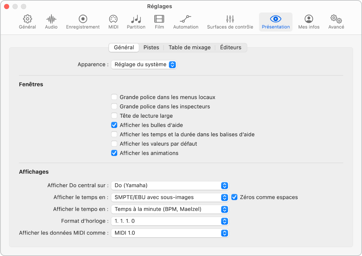 Figure. Réglages généraux de présentation.