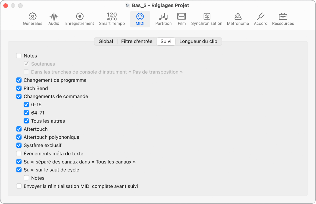 Figure. Sous-fenêtre Suivi dans les réglages MIDI du projet.