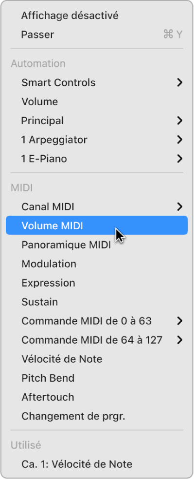 Figure. Données MIDI choisies dans le menu local Paramètre d’automation/MIDI.