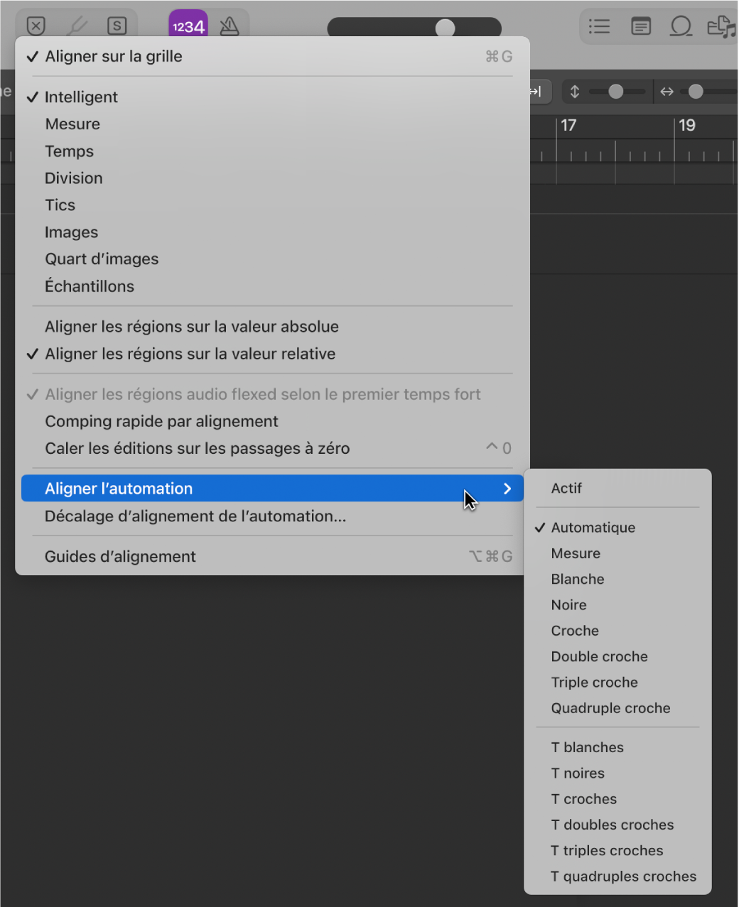 Figure. Pointeur placé sur la commande du menu local Aligner l’automation.