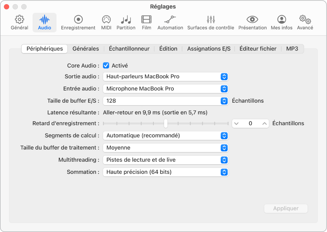 Figure. Réglages des périphériques audio.