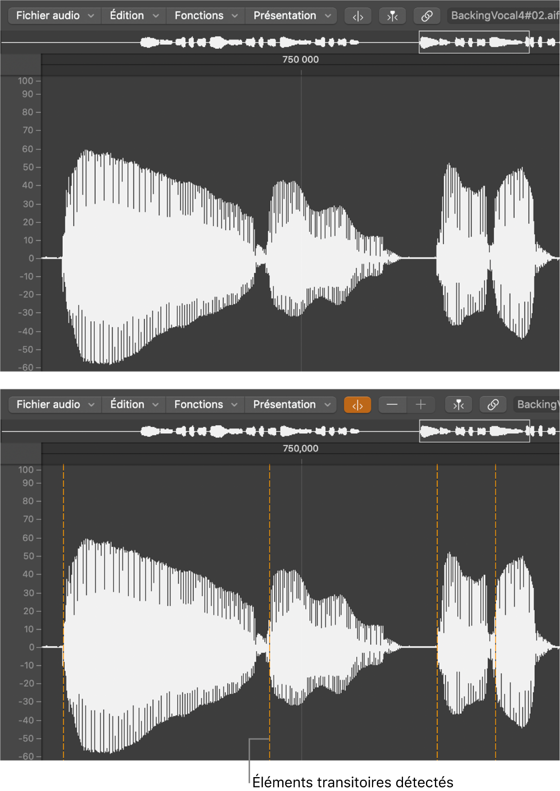 Figure. Région audio dans l’éditeur d’échantillons, avec éléments transitoires et sans éléments transitoires.