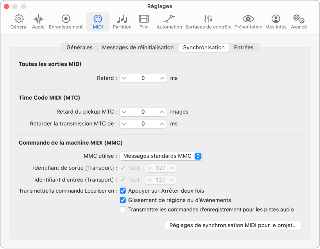 Figure. Réglages de synchronisation