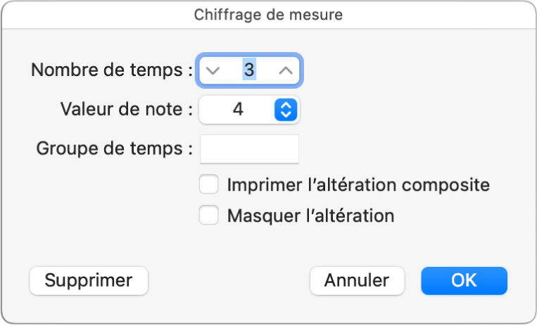 Figure. Zone de dialogue Chiffrage de mesure avec valeur sélectionnée.