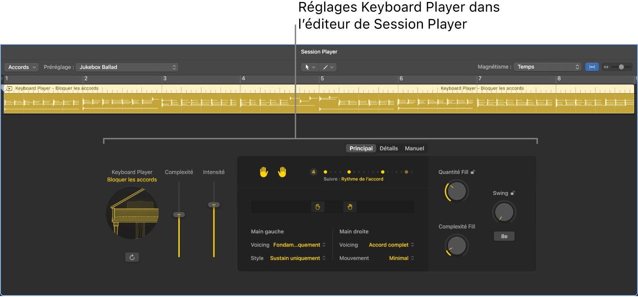 Figure. Éditeur de Session Player avec réglages Keyboard Player.