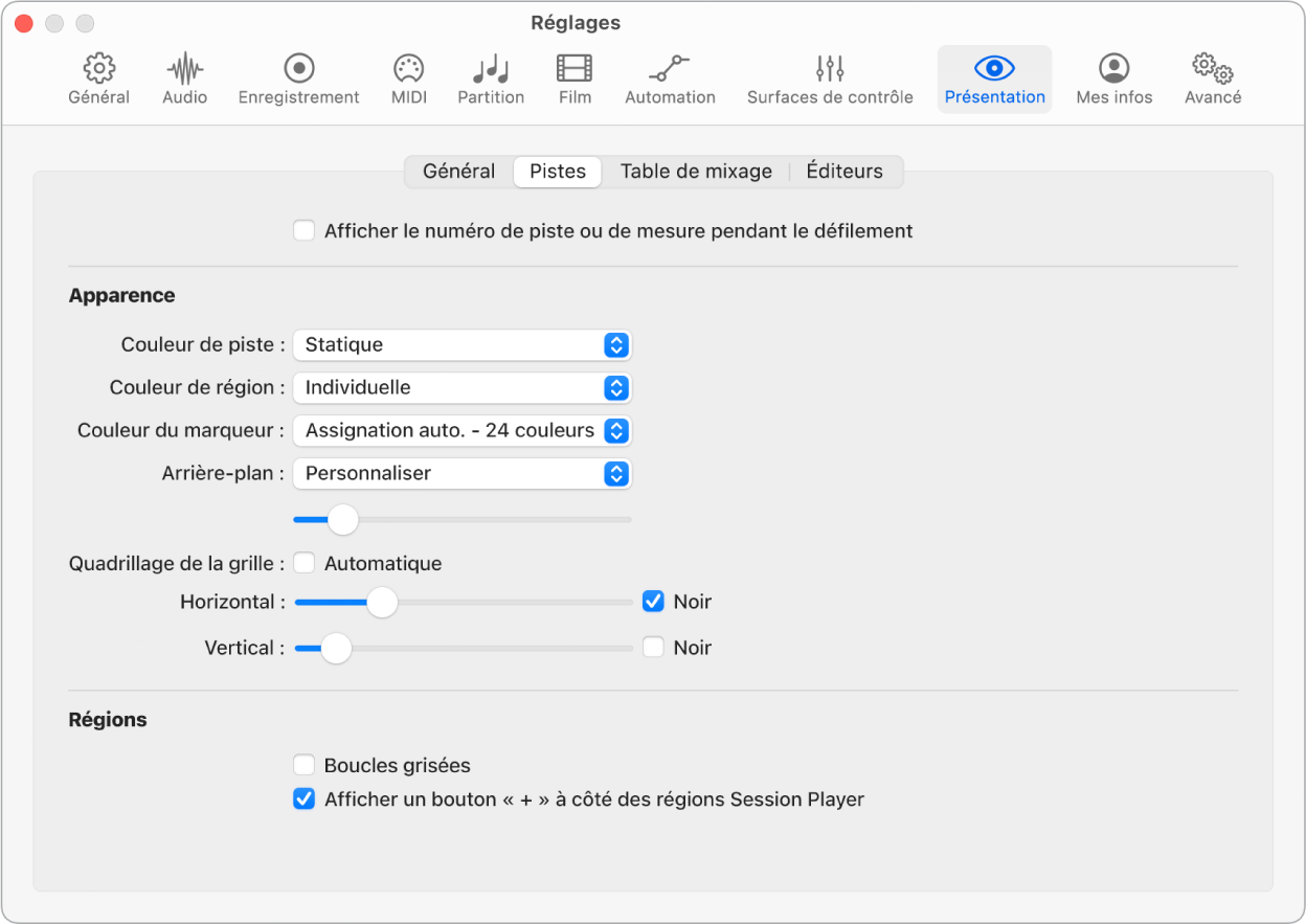 Figure. Réglages de la présentation Pistes.