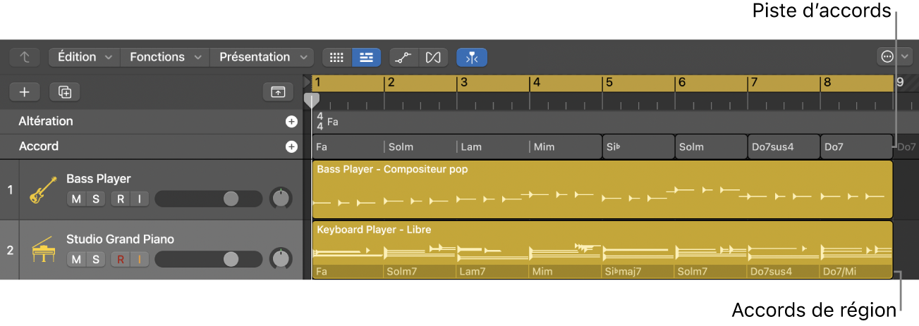 Figure. Projet avec des accords sur la piste d’accords et des accords de région dans une région Session Player.