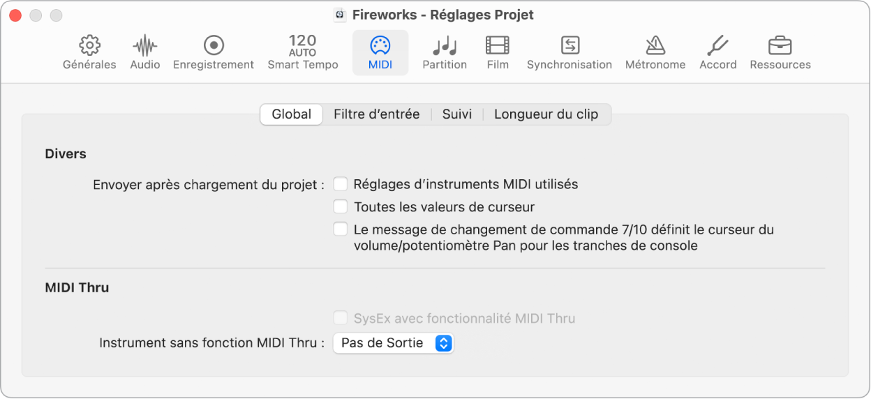 Figure. Réglages General MIDI du projet.