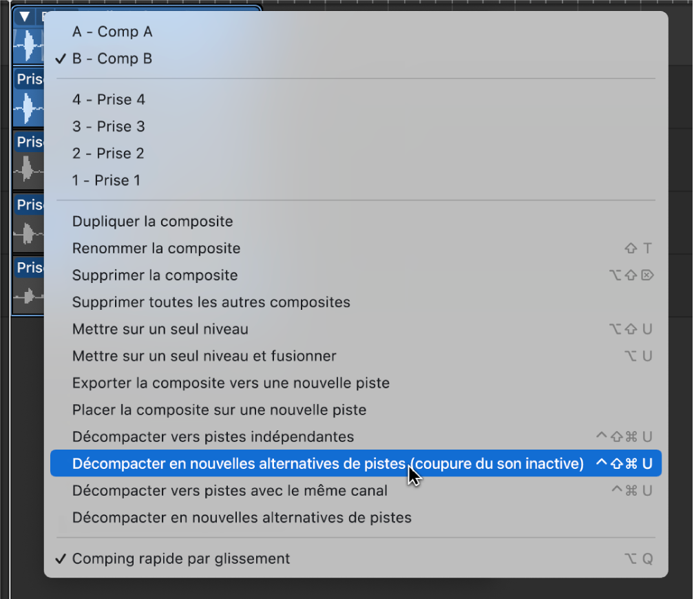 Figure. Sélection de « Décompacter en nouvelles alternatives de pistes (coupure du son inactive) » dans le menu local.