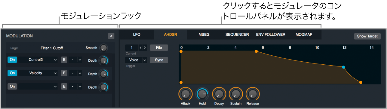 図。モジュレーションラック、モジュレータのコントロールパネルのボタン、AHDSRコントロールパネルが表示されたモジュレーションセクション。