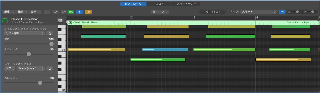 図。MIDIリージョンがノートイベントと共に表示されたピアノロールエディタ。