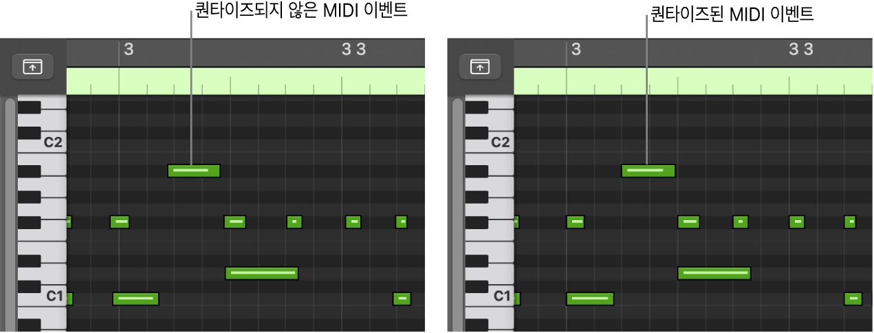 그림. 피아노 롤 편집기에서 퀀타이즈된 MIDI와 퀀타이즈되지 않은 MIDI 이벤트를 보여주는 이미지 쌍.