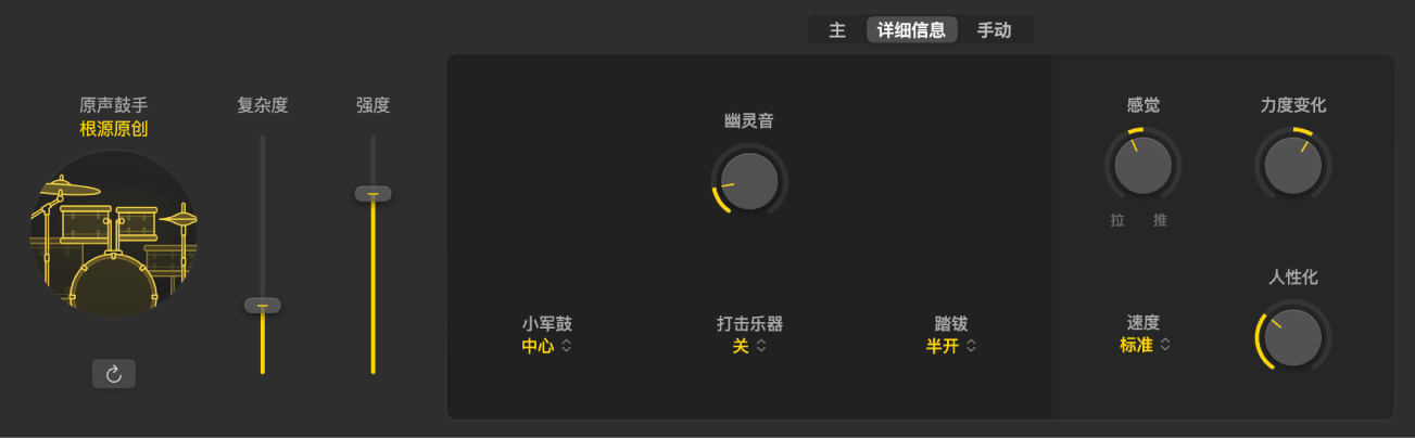 图。伴奏乐手编辑器显示原声鼓手的“详细信息”视图。