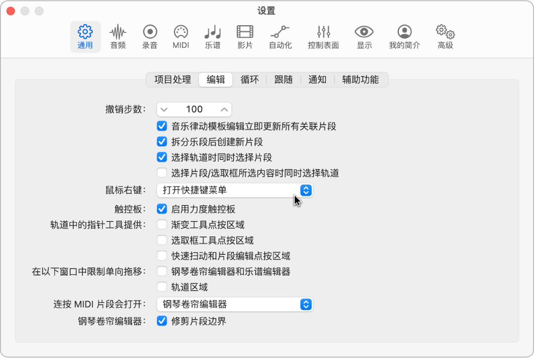 图。“通用”设置的“编辑”面板中的“指针工具”复选框。