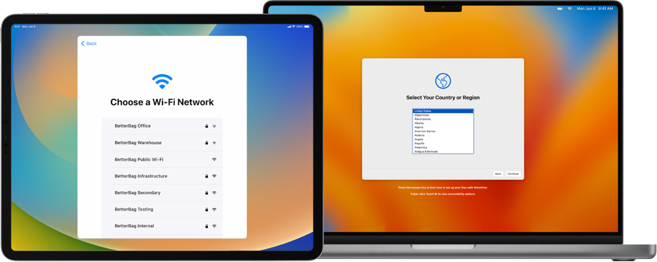 An iPad showing the Choose a Wi-Fi Network Setup Assistant pane and a Mac showing the Select your Country or Region pane.