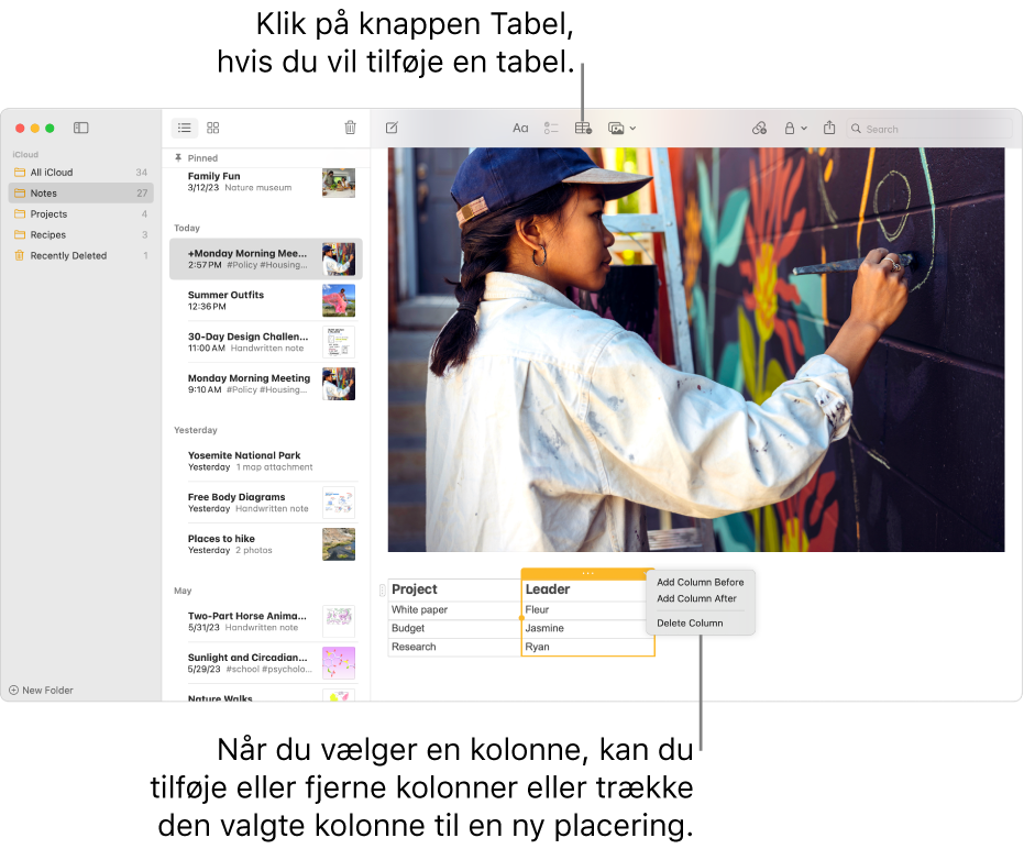 Vinduet Noter med knappen Tabel – klik på den for at tilføje en tabel. I noteindholdet er en tabelkolonne valgt, så du enten kan trække den til en ny placering eller tilføje eller fjerne kolonner.