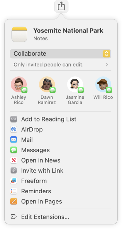 The Share Note dialog, where you can choose how to send the invitation to share a note.