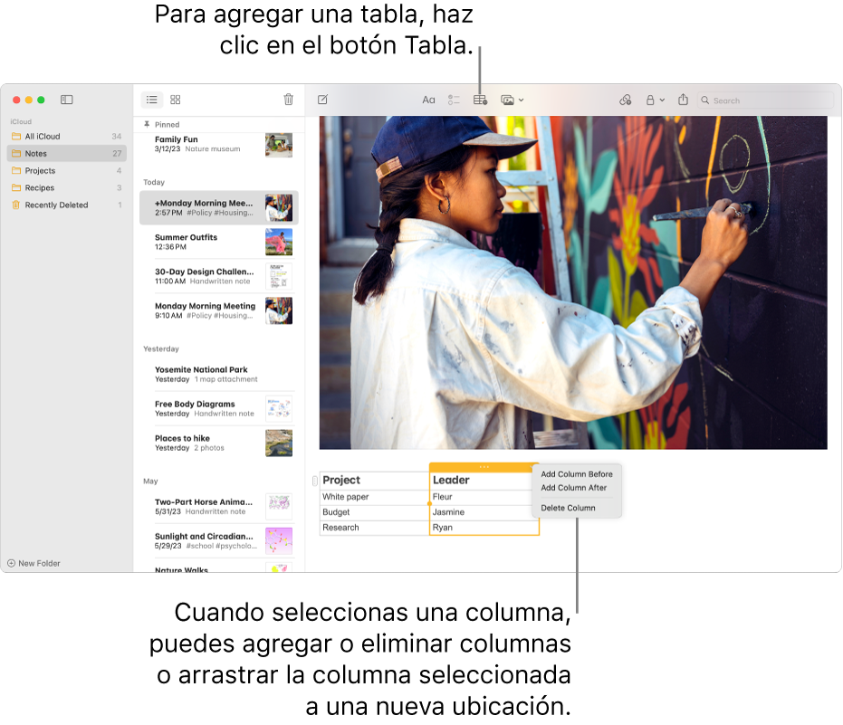 La ventana de Notas mostrando el botón Tabla que sirve para agregar una tabla. Dentro del contenido de la nota, se selecciona una columna de la tabla para poder agregar o eliminar columnas, o arrastrar una columna a otra ubicación.