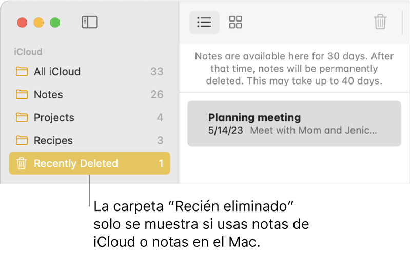 La ventana de Notas con la carpeta Eliminadas en la barra lateral y una nota eliminada recientemente. Única se muestra la carpeta Eliminadas si usas notas de iCloud o notas en tu Mac.