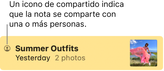 Una nota que se ha compartido con otras personas, con el ícono Compartido a la izquierda del nombre de la nota.