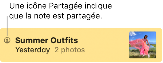 Une note ayant été partagée avec d’autres personnes, avec l’icône de partage à gauche du nom de la note.