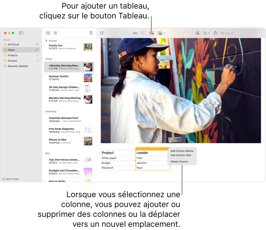 La fenêtre Notes affichant le bouton Tableau. Cliquez dessus pour ajouter un tableau. Dans une note, une colonne de tableau est sélectionnée ; vous pouvez ajouter ou supprimer des colonnes, ou faire glisser la colonne une vers un nouvel emplacement.