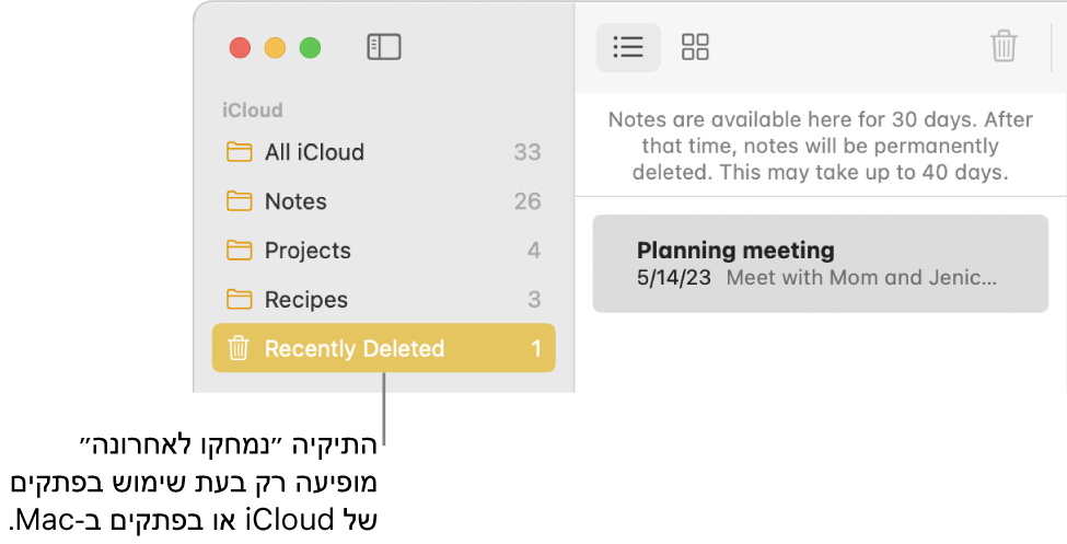 החלון ״פתקים״ עם התיקיה ״נמחקו לאחרונה״ בסרגל הצד ועם פתק שנמחק לאחרונה. אם תשתמש/י בפתקי iCloud או בפתקים המאוחסנים ב‑Mac, תראה/י רק את תיקיית ״נמחקו לאחרונה״.