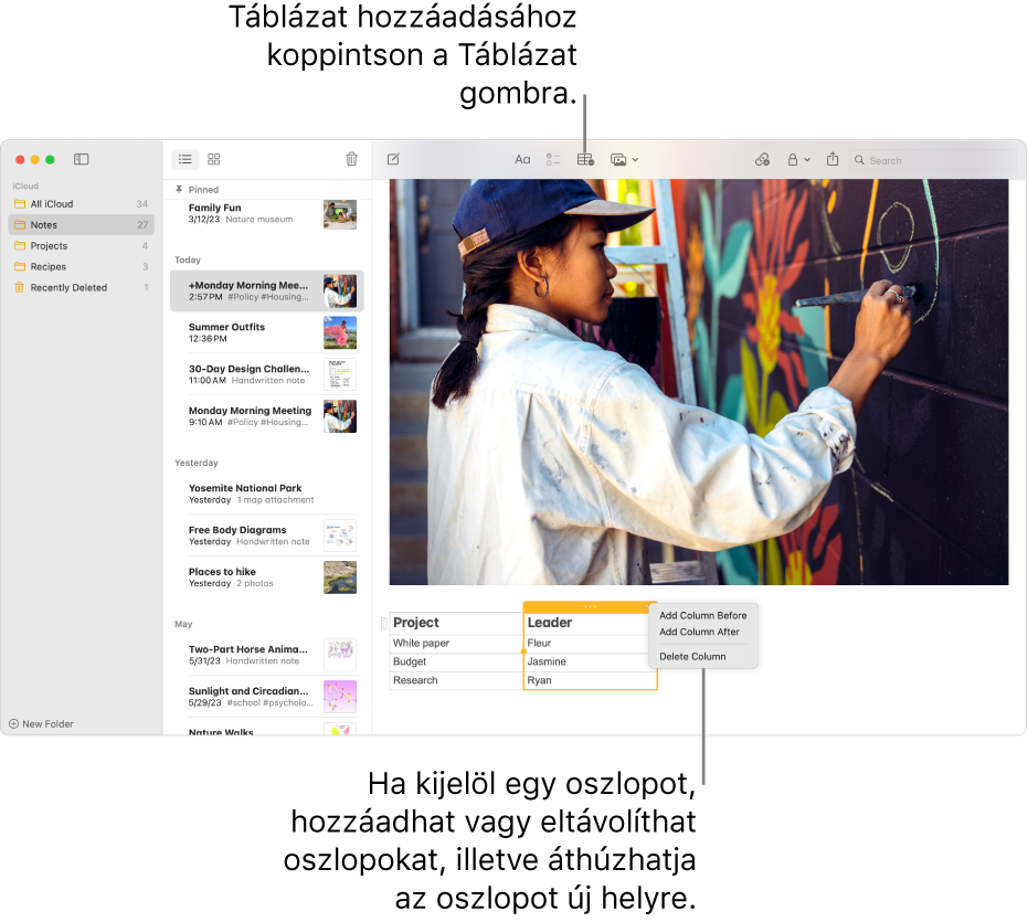 A Jegyzetek ablak a Táblázat gombbal - kattintással hozzáadhat egy táblázatot. A jegyzet tartalmában egy táblaoszlop került kijelölésre, így hozzáadhat vagy eltávolíthat oszlopokat, valamint új helyre is húzhatja őket.