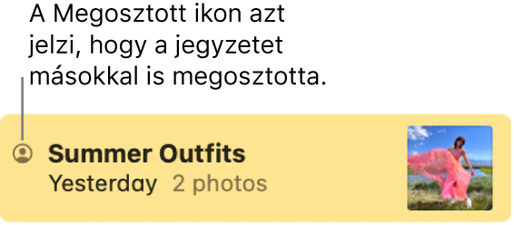 Egy jegyzet, amelyet megosztottak másokkal, a jegyzet nevétől balra a Megosztott ikonnal.