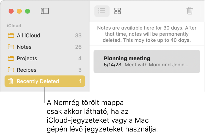 A Jegyzetek ablaka, az oldalsávon a Nemrég törölt mappa, egy nemrég törölt jegyzettel. A Nemrég törölt mappa csak akkor látható ha az iCloud-jegyzeteket vagy a Mac Jegyzetek appját használja.